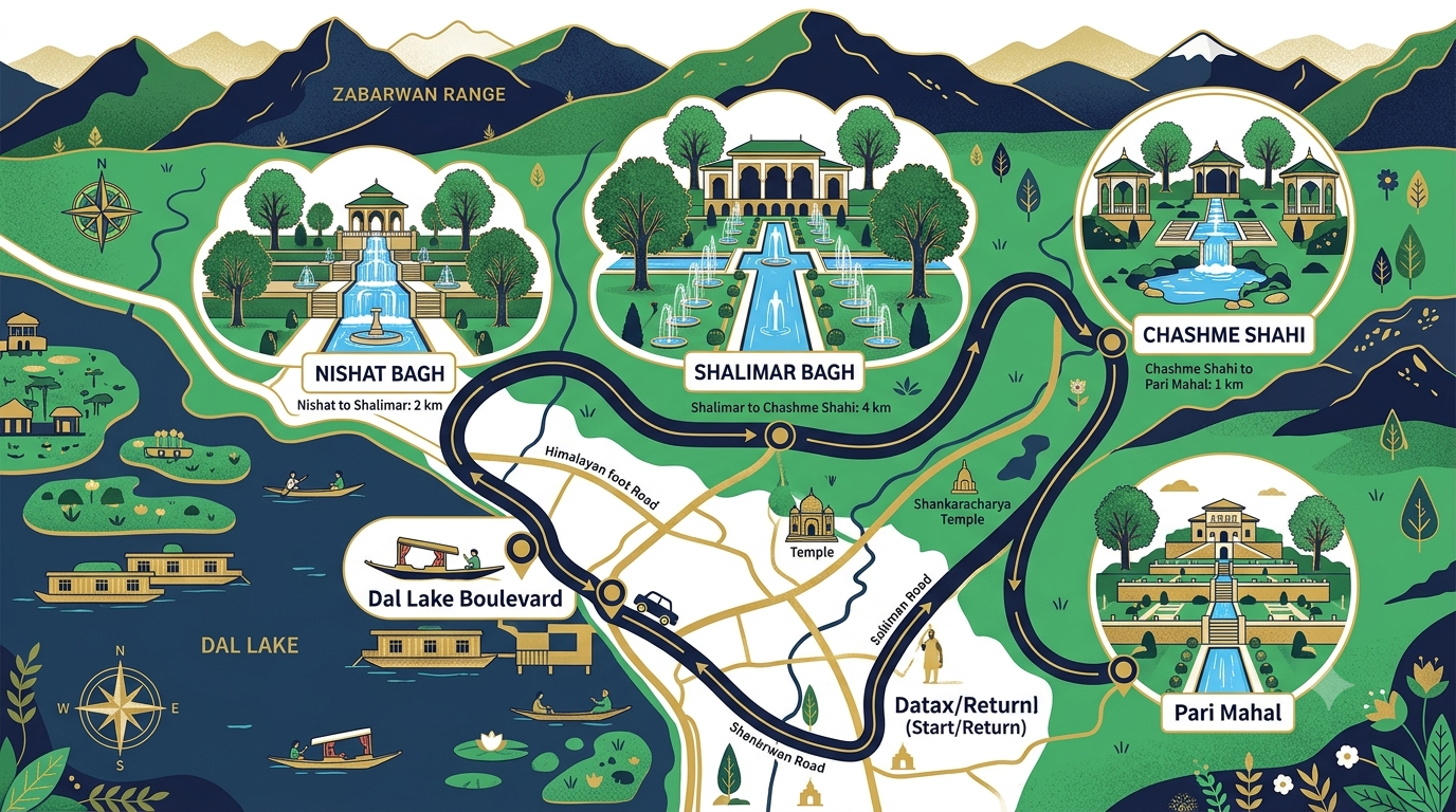 Route map for Kashmir local sightseeing taxi fare showing Mughal Gardens circuit Nishat Shalimar Chashme Shahi and Pari Mahal