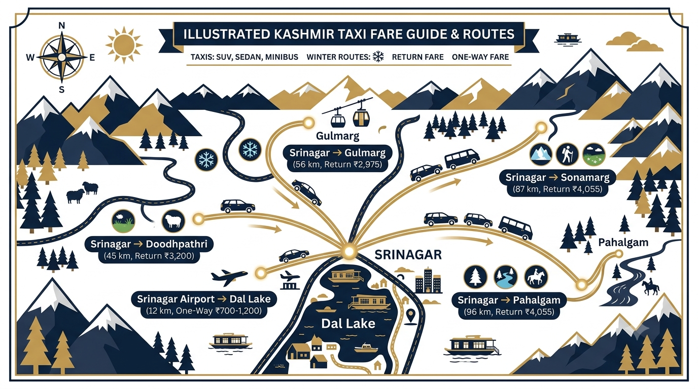 Kashmir Taxi Fare Guide 2026 | Nature Connect ₹2,200/Day 9 Route map for Kashmir taxi fare guide showing Srinagar Gulmarg Pahalgam and Sonamarg fares 2026