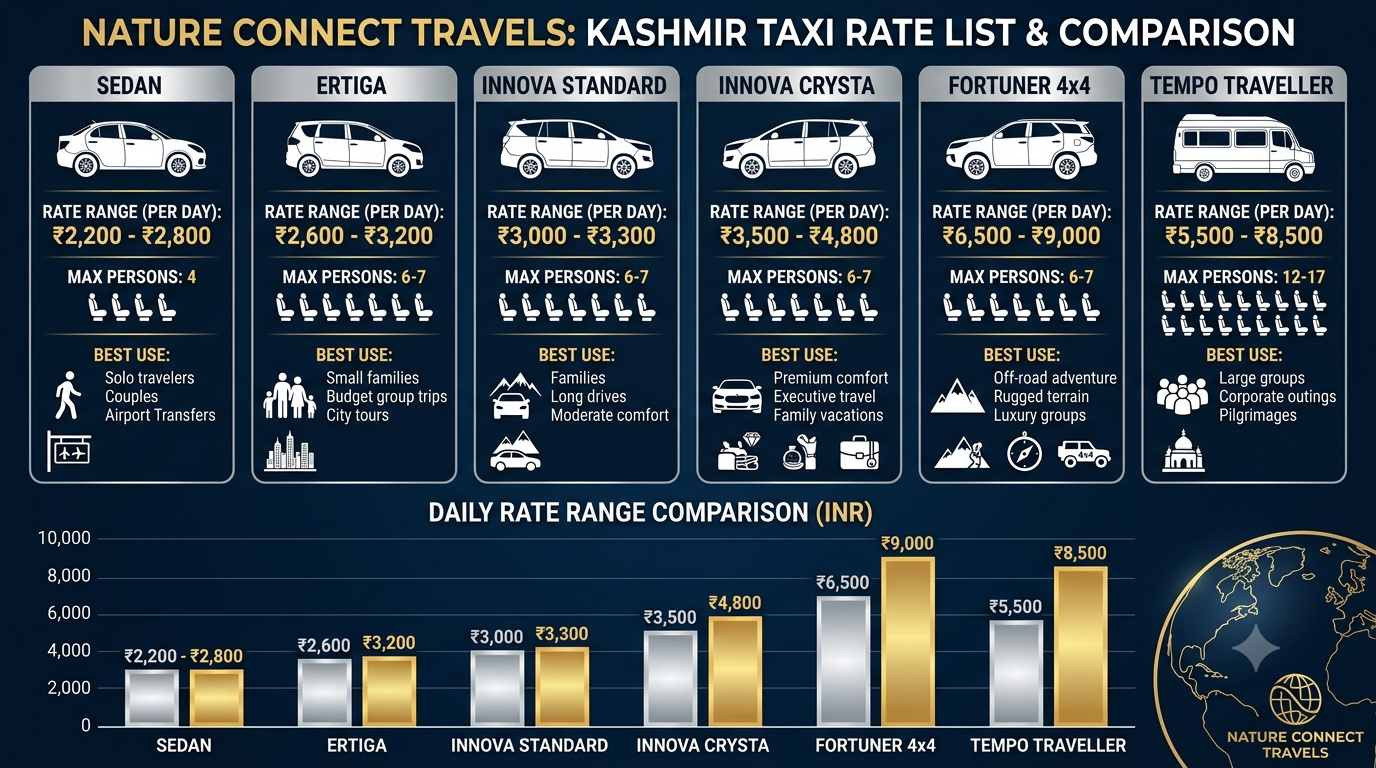 Route map for Kashmir taxi rate list showing Srinagar Gulmarg Pahalgam and Sonamarg fares 2026