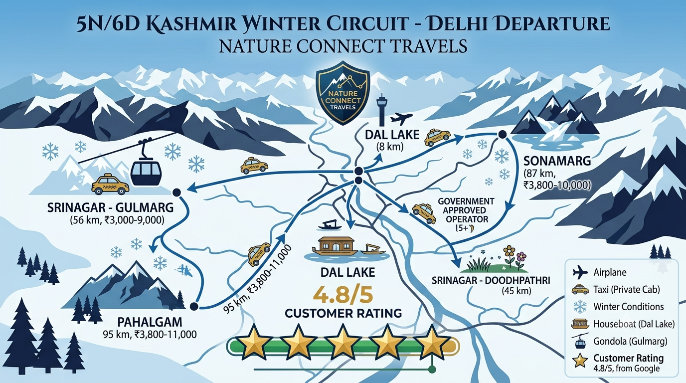Route map for Nature Connect Travels Kashmir taxi service showing Srinagar airport transfers and Gulmarg Pahalgam Sonamarg routes