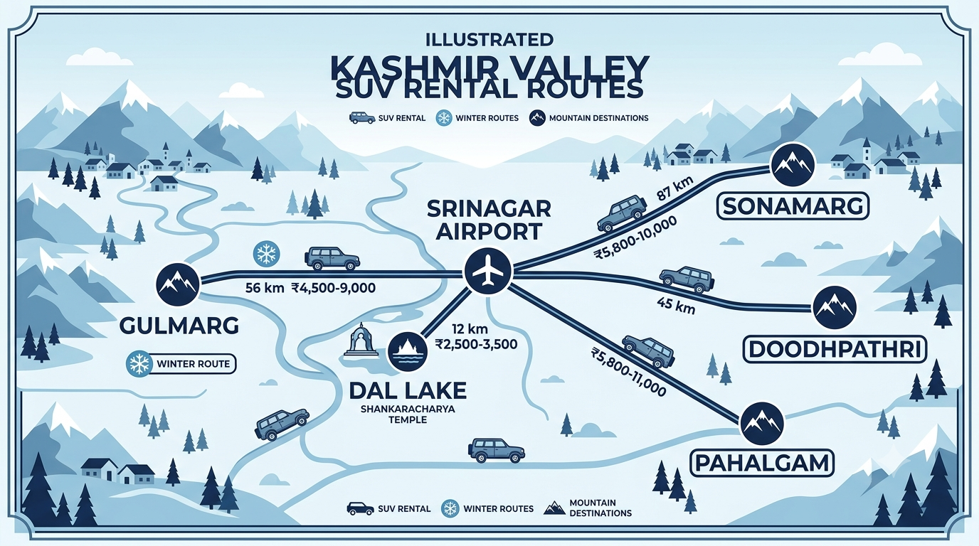 SUV Rental in Kashmir 2026 | Nature Connect Travels ₹3,000+ 9 Route map for SUV rental in Kashmir showing Srinagar airport transfers and Gulmarg Pahalgam Sonamarg fares