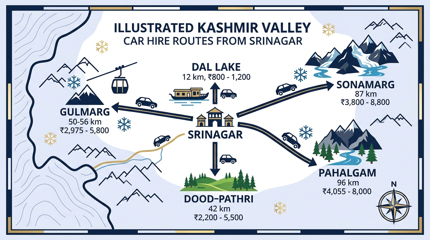Srinagar Car Hire 2026 | Nature Connect Travels ₹2,200+ 10 Route map for Srinagar car hire showing Gulmarg Pahalgam and Sonamarg rates 2026