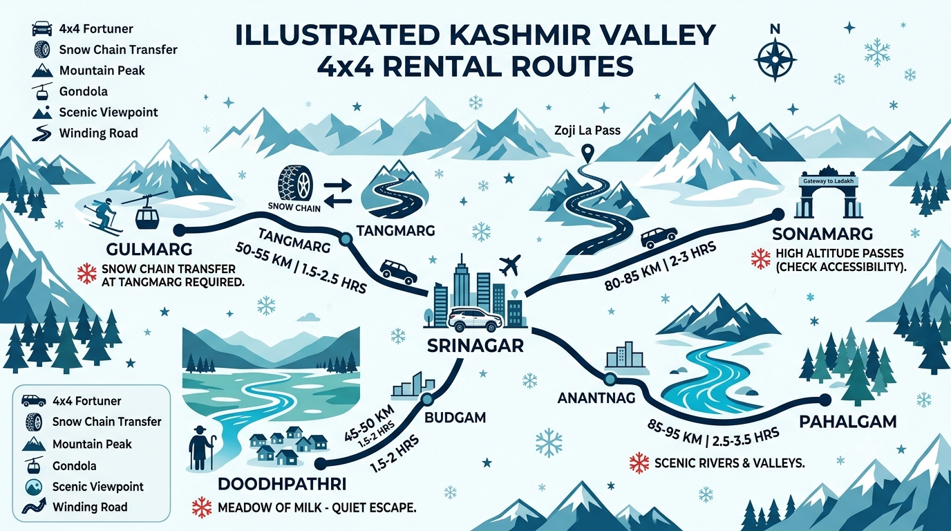 Toyota Fortuner 4x4 Rental Kashmir with Driver 2026 | ₹9,000 9 Route map for Toyota Fortuner 4x4 rental in Kashmir showing Srinagar Gulmarg Pahalgam and Sonamarg distances