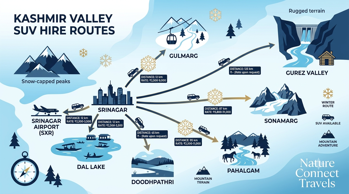 Route map for hiring SUV in Kashmir showing Srinagar airport transfers and Gulmarg Pahalgam Sonamarg fares