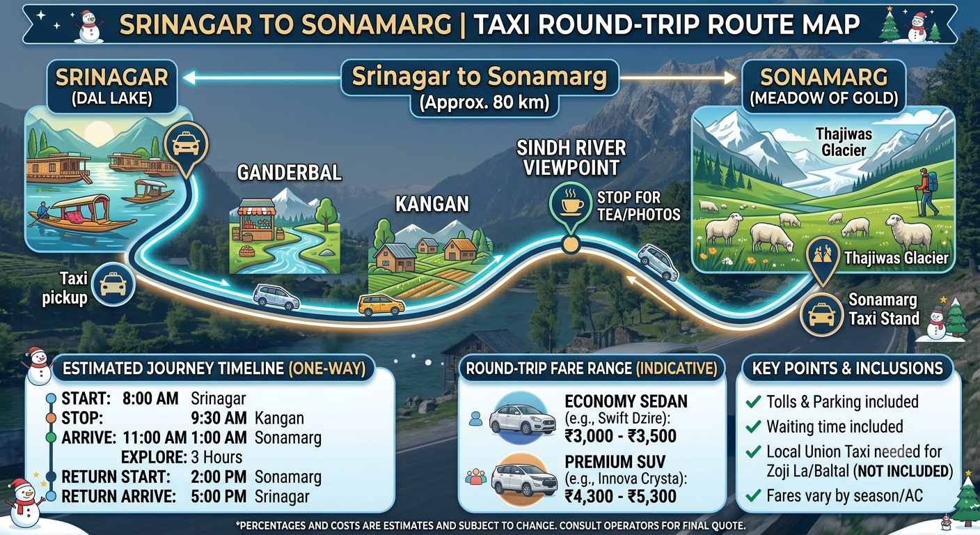 Srinagar to Sonamarg Taxi Round Trip Fare 2026 | Nature Connect 9 Route map infographic for Srinagar to Sonamarg taxi round trip fare showing Ganderbal Kangan and Thajiwas Glacier