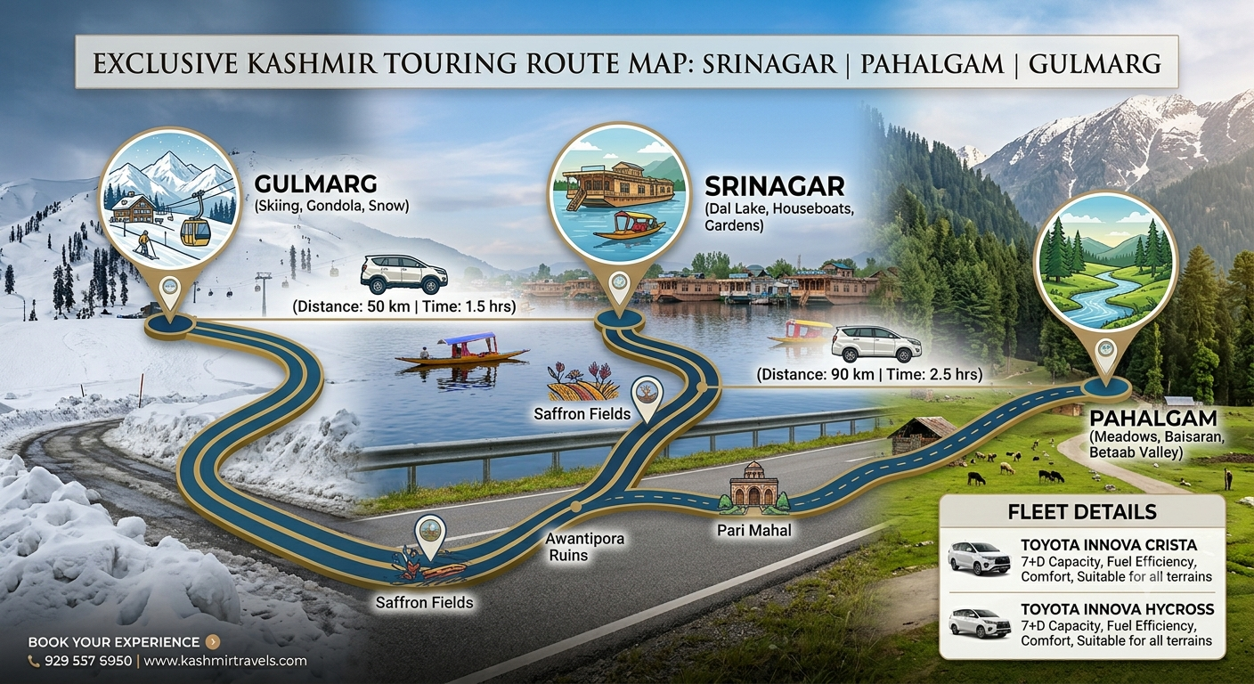 Toyota Innova Hire Srinagar Pahalgam Gulmarg | Nature Connect 9 Route map infographic for Toyota Innova hire Srinagar to Pahalgam Gulmarg showing Gulmarg and Pahalgam circuit