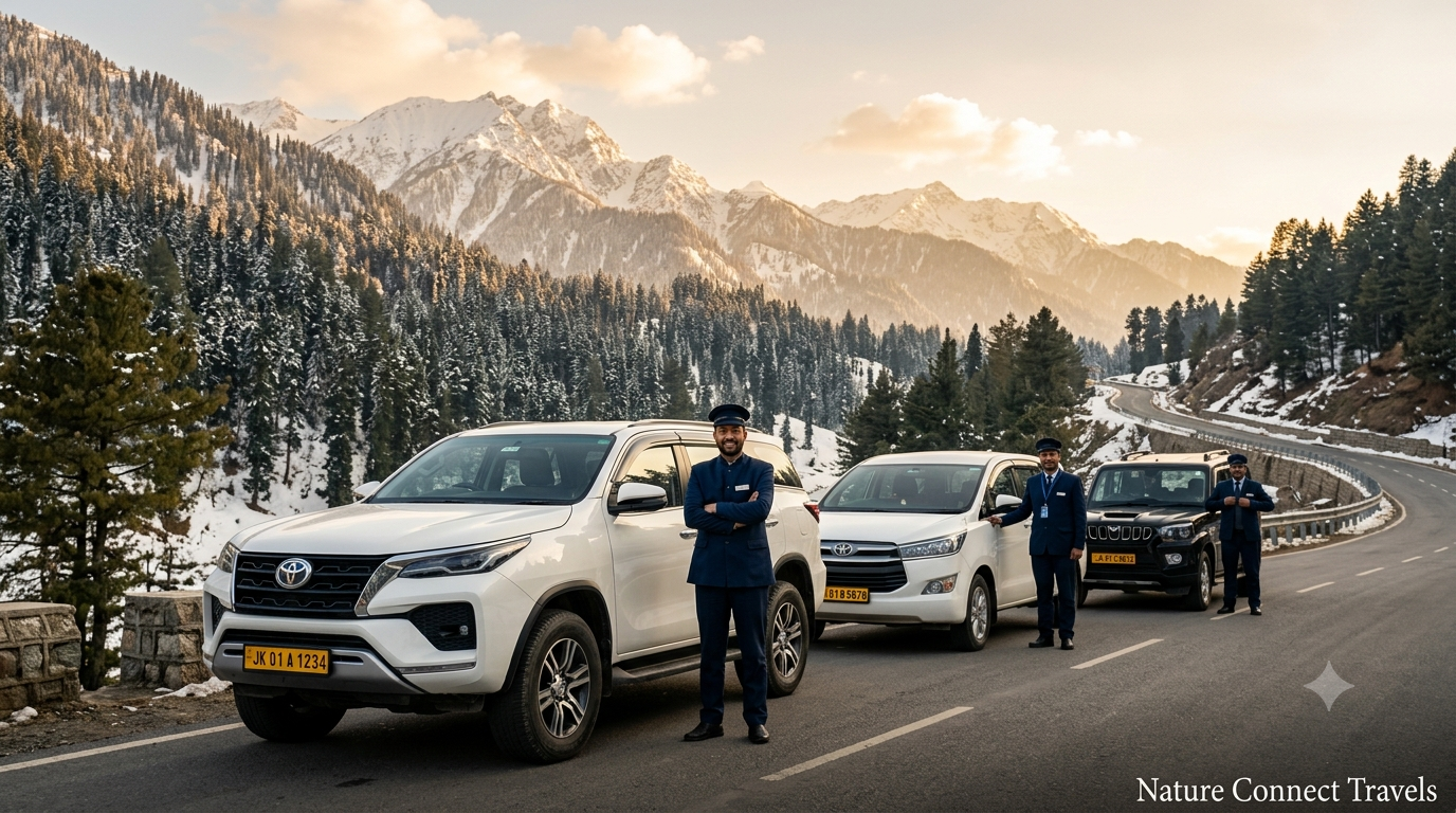 SUV rental in Kashmir by Nature Connect Travels showing Fortuner Innova Crysta and Scorpio fleet with chauffeurs