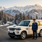 Scorpio cab rental Kashmir with Nature Connect Travels showing Mahindra Scorpio with chauffeur against Himalayan backdrop