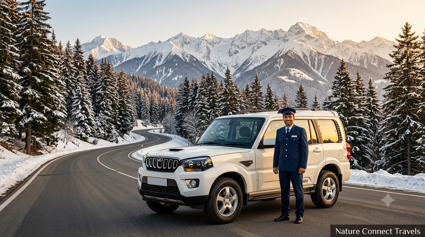 Scorpio cab rental Kashmir with Nature Connect Travels showing Mahindra Scorpio with chauffeur against Himalayan backdrop