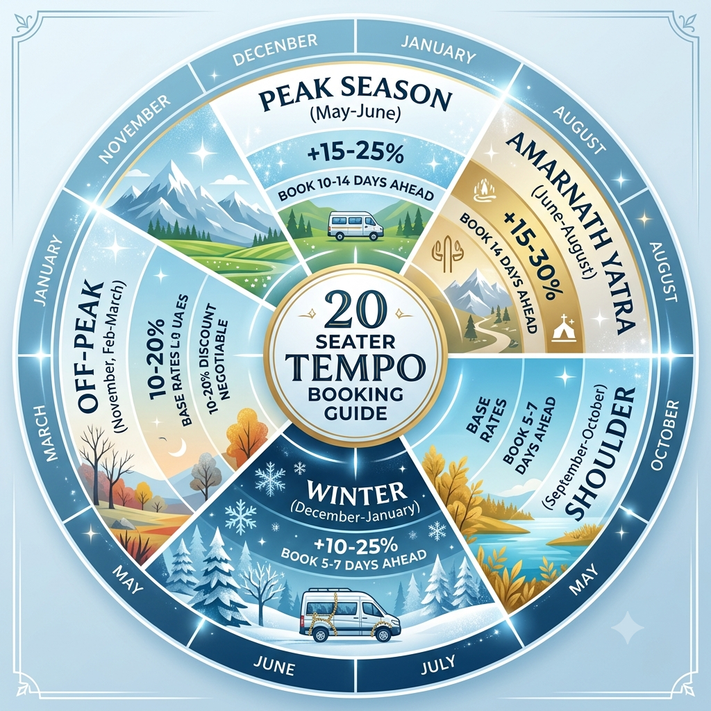20 Seater Tempo Traveller Hire Kashmir 2026 | Nature Connect 12 Seasonal booking guide infographic for 20 seater tempo traveller hire Kashmir showing best times to book