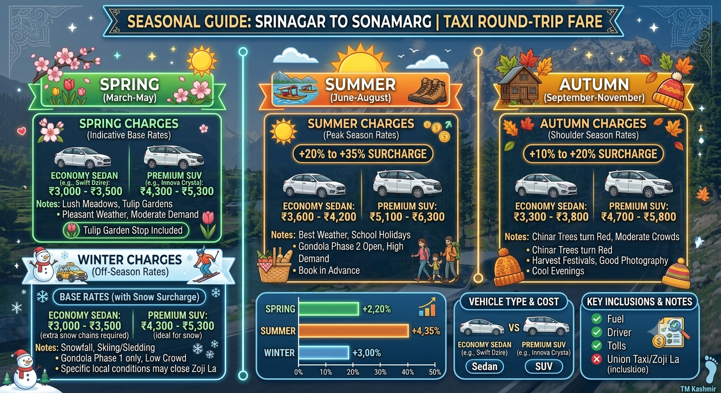 Srinagar to Sonamarg Taxi Round Trip Fare 2026 | Nature Connect 11 Seasonal guide infographic for Srinagar to Sonamarg taxi round trip fare showing best months by Nature Connect Travels