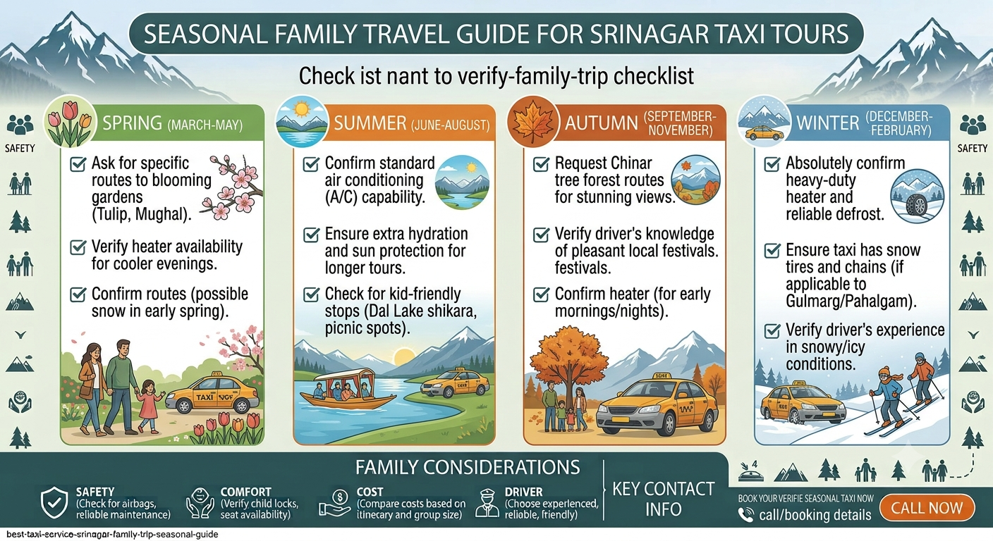 Best Taxi Service in Srinagar for Family Trip | Nature Connect 13 Seasonal guide infographic for best taxi service in Srinagar for family trip by Nature Connect Travels