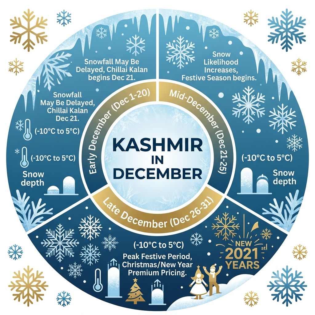 Kashmir Packages in December 2026 | Nature Connect ₹15,500+ 11 Seasonal guide infographic showing Kashmir December weather snowfall and activity conditions