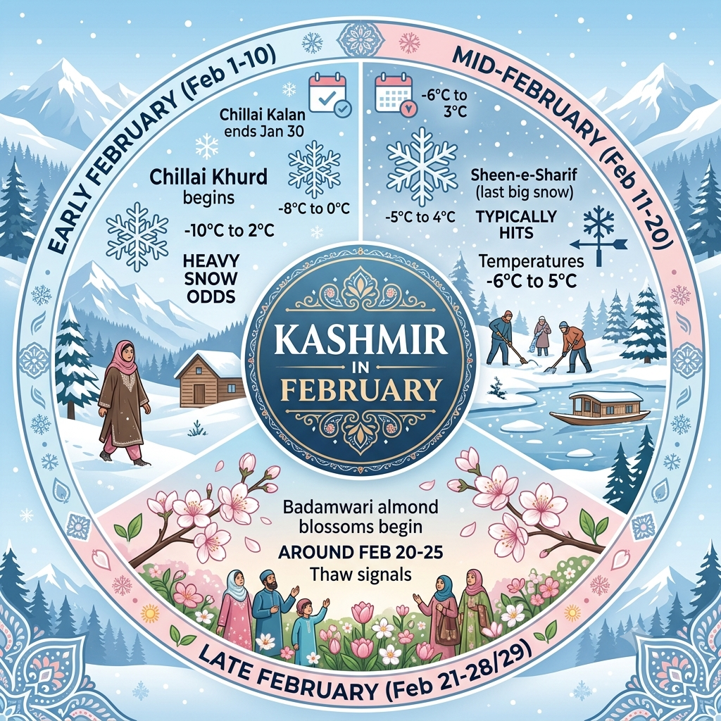Kashmir Trip Package in February 2026 | Nature Connect ₹12K+ 11 Seasonal guide infographic showing Kashmir February weather snowfall temperatures and Badamwari almond blossoms