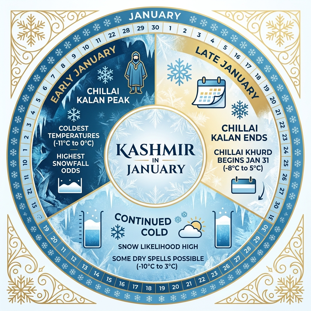 Seasonal guide infographic showing Kashmir January weather snowfall and Chillai Kalan conditions