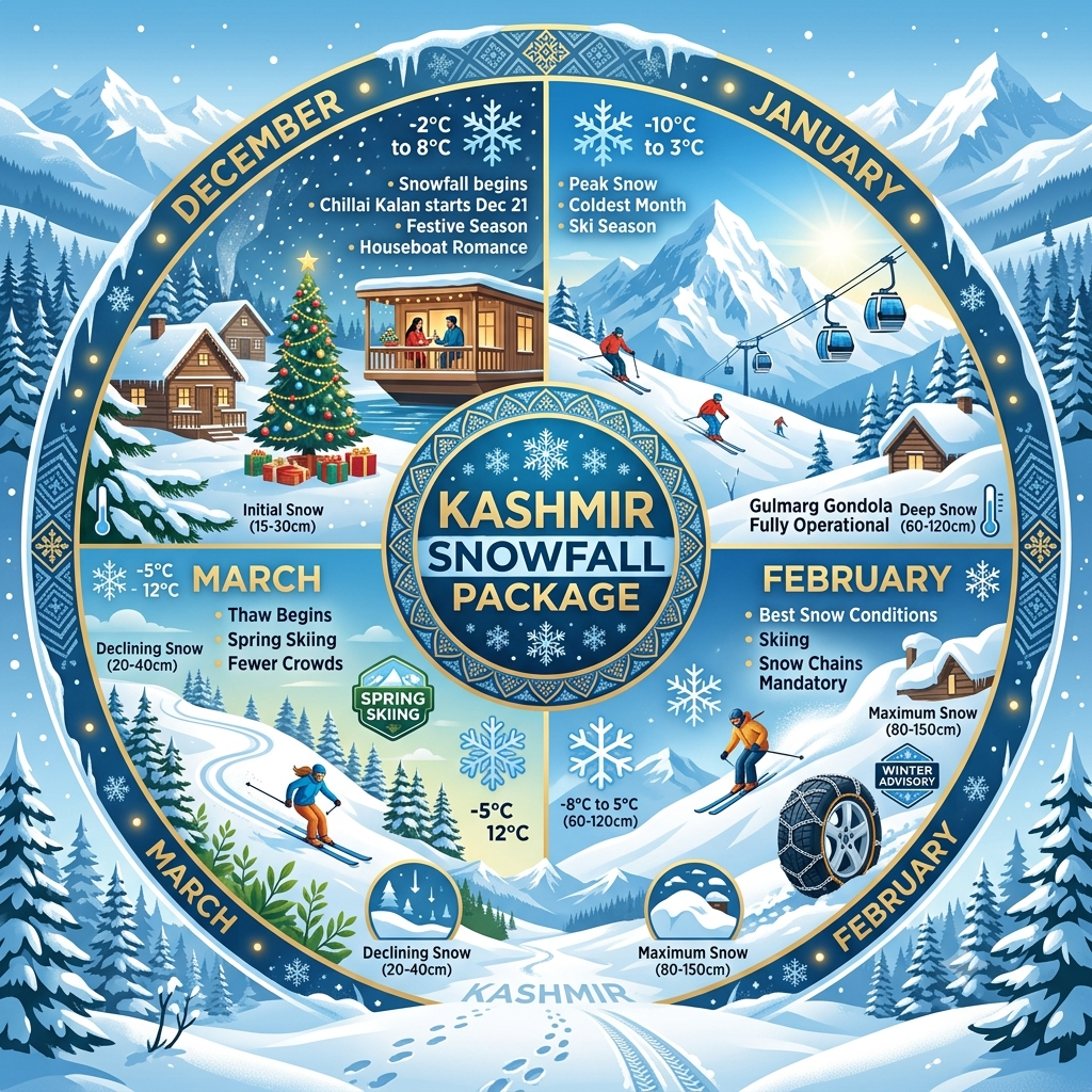 Seasonal guide infographic showing Kashmir snowfall months for snow tours by Nature Connect Travels