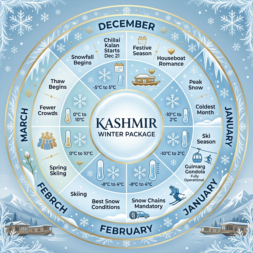Seasonal guide infographic showing Kashmir winter months for snowfall tours by Nature Connect Travels 2 1 1