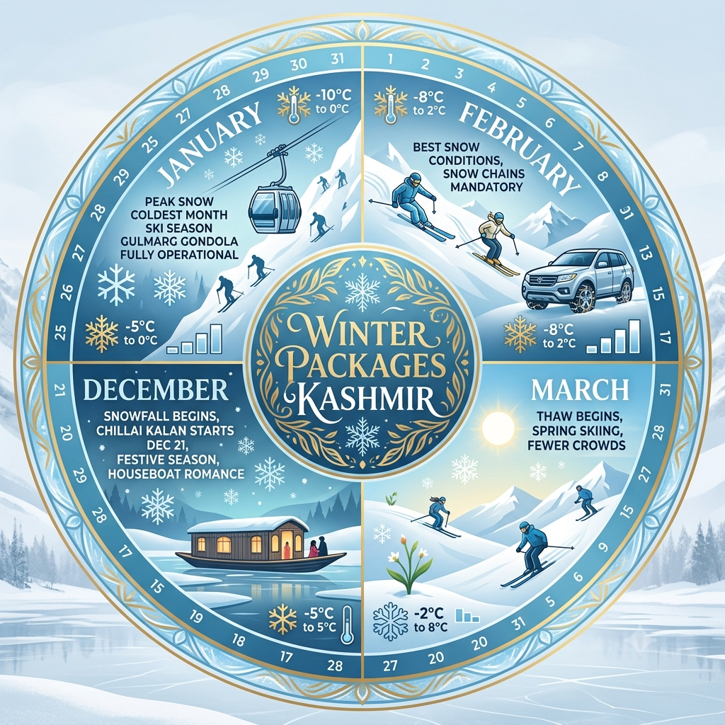 Seasonal guide infographic showing Kashmir winter months for snowfall tours by Nature Connect Travels