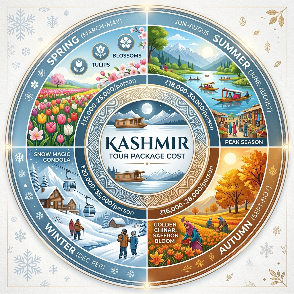 Seasonal guide infographic showing best months and costs for Kashmir tour package by Nature Connect Travels