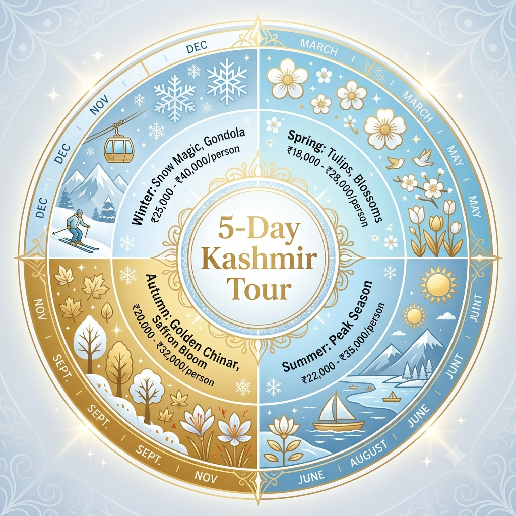 Seasonal guide infographic showing best months and costs for Kashmir tour package for 5 days