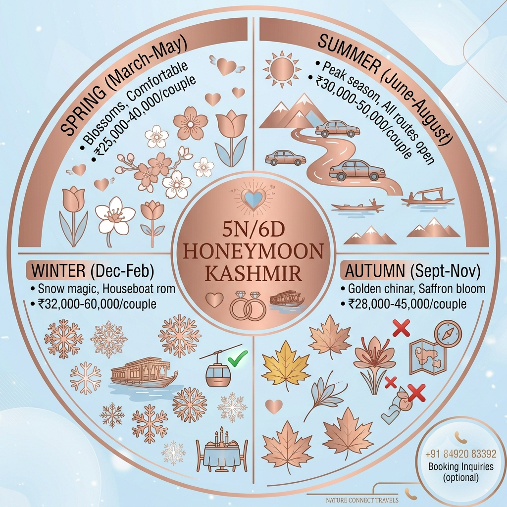 Seasonal guide infographic showing best months and prices for Kashmir honeymoon package 5 nights 6 days