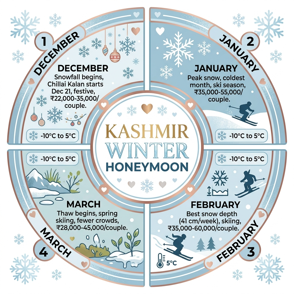 Kashmir Honeymoon Packages in Winter 2026 | ₹22K+ Couple 9 Seasonal guide infographic showing best months and prices for Kashmir honeymoon packages in winter