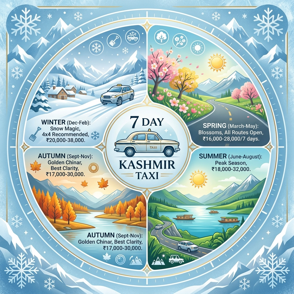 Seasonal guide infographic showing best months and prices for Kashmir taxi service for 7 days itinerary