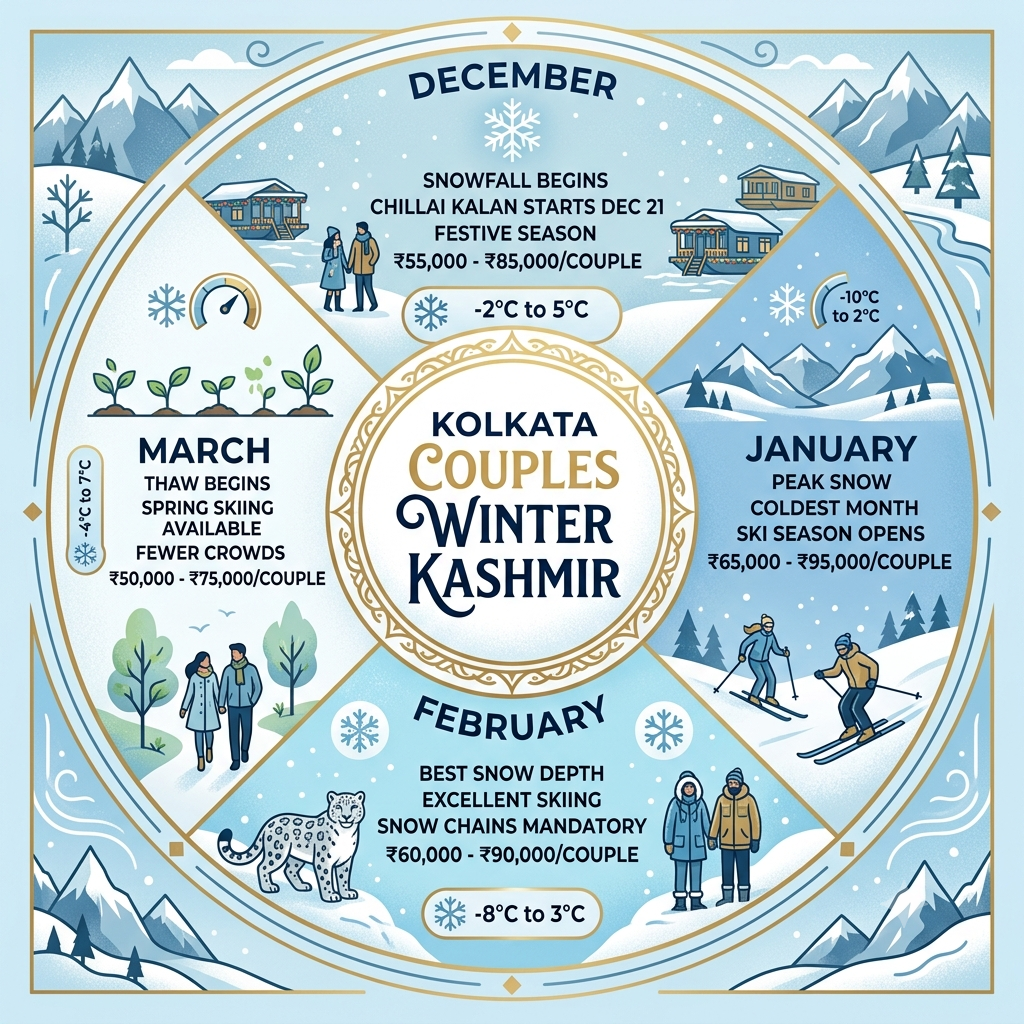 Seasonal guide infographic showing best months and prices for Kashmir winter tour packages for couples from Kolkata