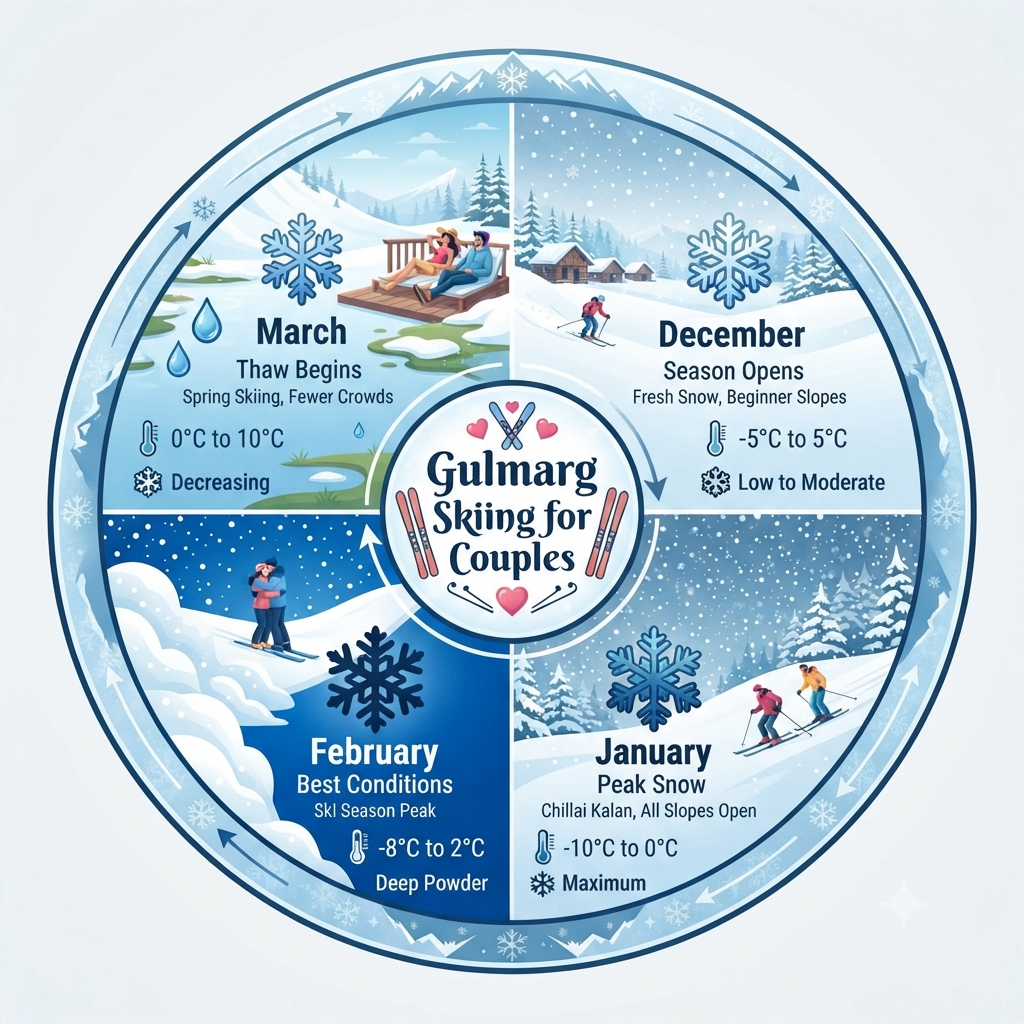 Seasonal guide infographic showing best months for Gulmarg skiing package for couples