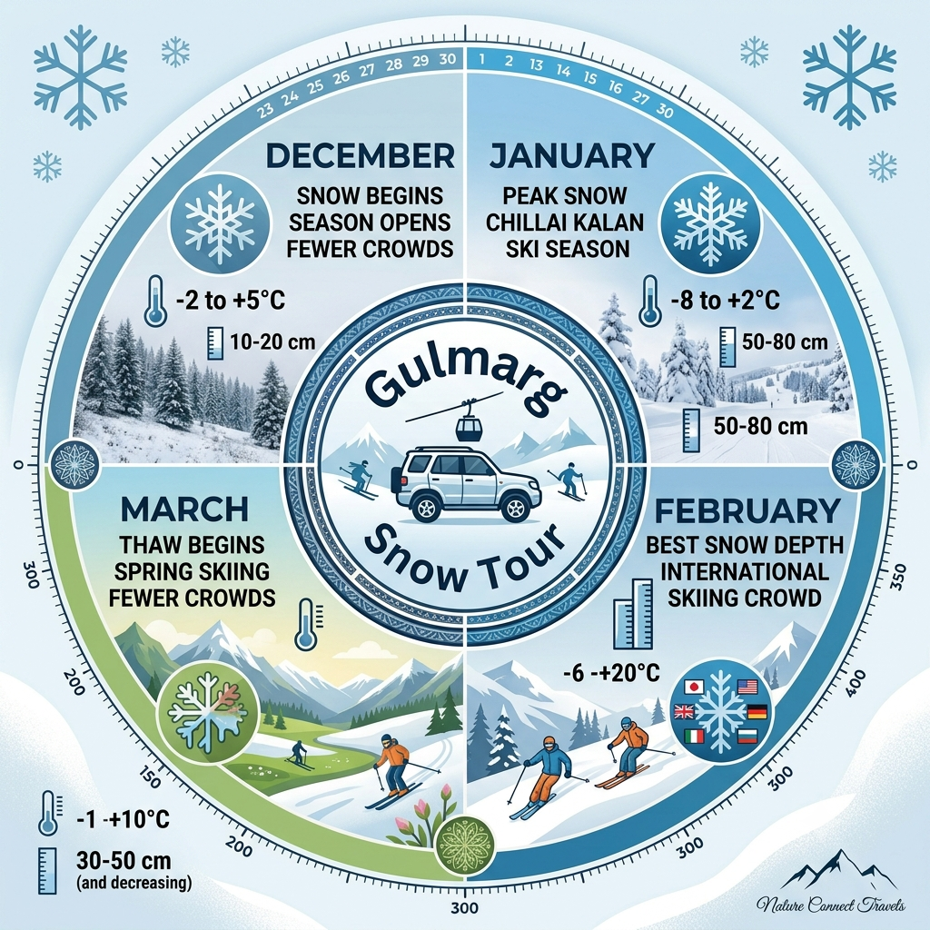 Seasonal guide infographic showing best months for Gulmarg snow tour packages