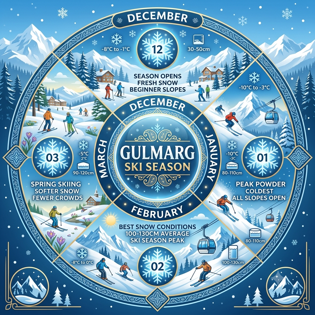 Gulmarg Winter Skiing Package 2026 | Nature Connect ₹28,000+ 11 Seasonal guide infographic showing best months for Gulmarg winter skiing package by Nature Connect Travels