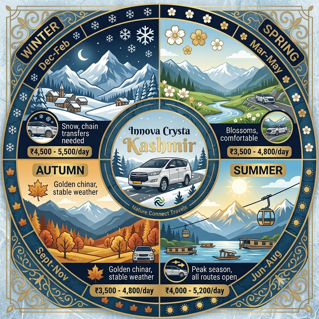 Innova Crysta Rental Kashmir 2026 | Nature Connect ₹3,500+ 11 Seasonal guide infographic showing best months for Innova Crysta rental Kashmir travel by Nature Connect Travels