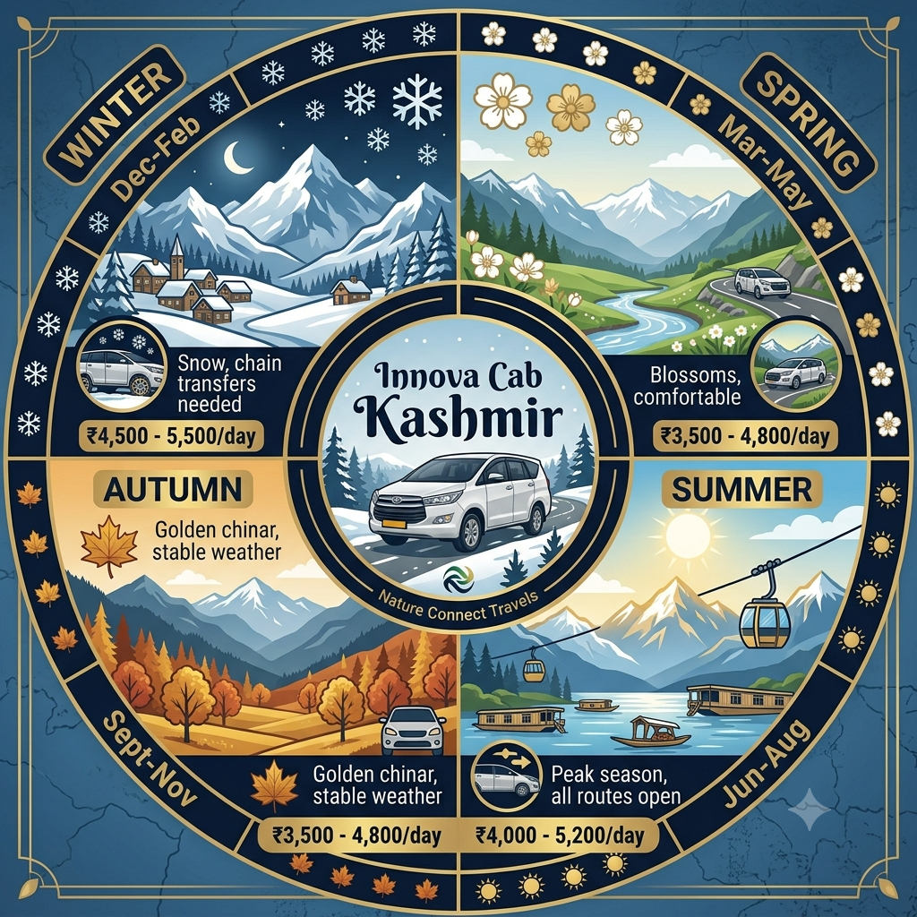 Innova Cab in Kashmir 2026 | Nature Connect Travels ₹3,500+ 11 Seasonal guide infographic showing best months for Innova cab in Kashmir travel by Nature Connect Travels