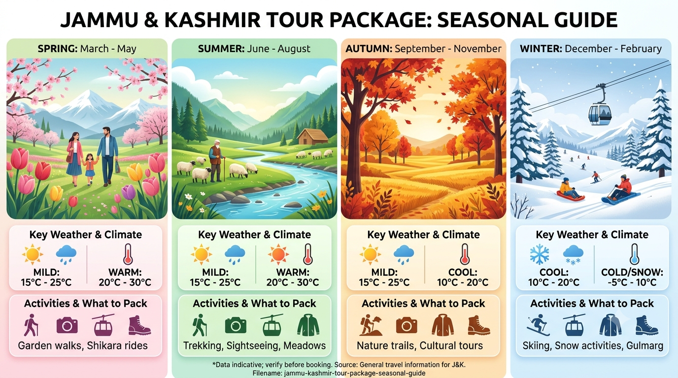 Jammu Kashmir Tour Package 2026 | Nature Connect ₹24,500+ 11 Seasonal guide infographic showing best months for Jammu Kashmir tour package by Nature Connect Travels