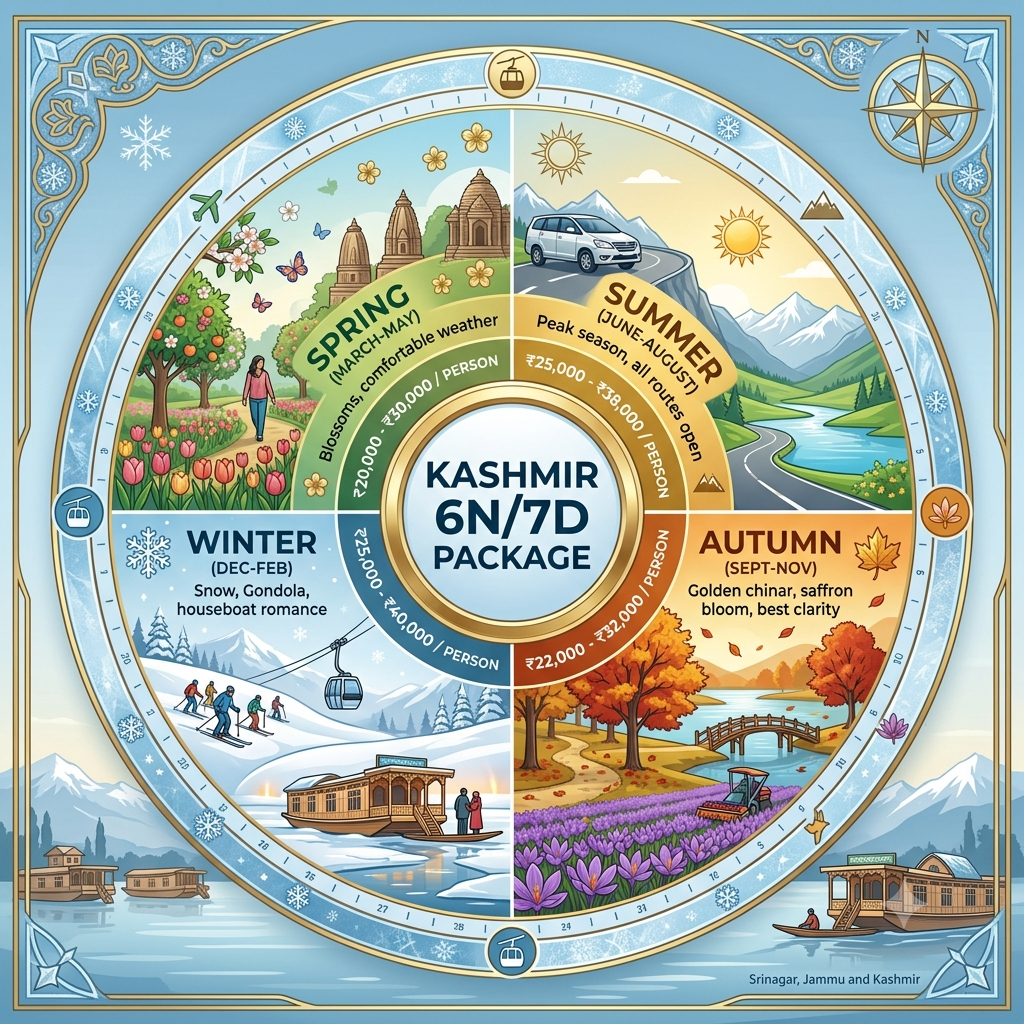 Seasonal guide infographic showing best months for Kashmir 6 nights 7 days package by Nature Connect Travels
