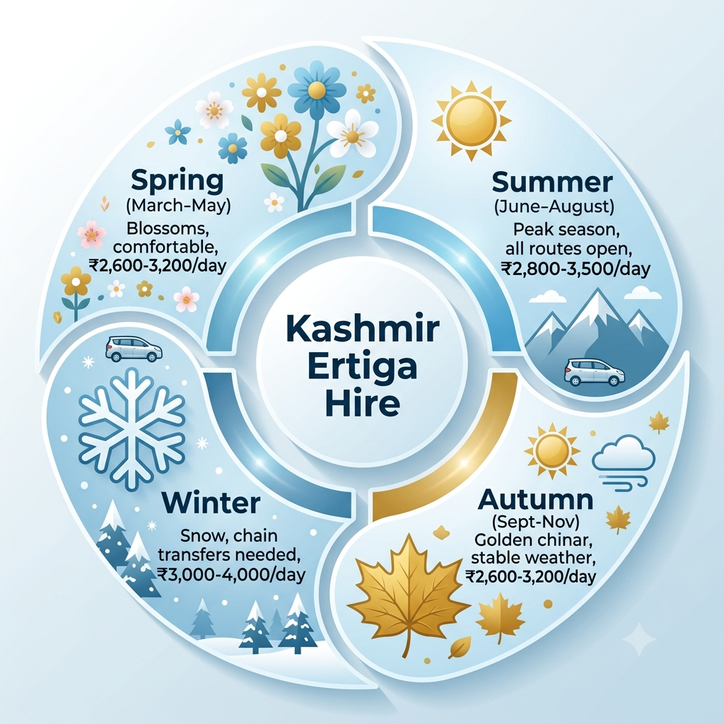 Kashmir Ertiga Hire 2026 | Nature Connect Travels ₹2,600+ 12 Seasonal guide infographic showing best months for Kashmir Ertiga hire by Nature Connect Travels