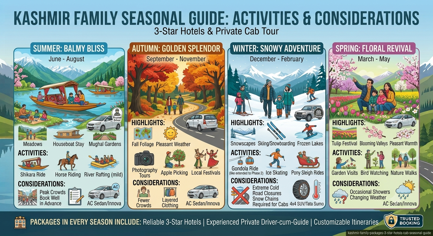 Seasonal guide infographic showing best months for Kashmir family packages with 3 star hotels and cab by Nature Connect Travels
