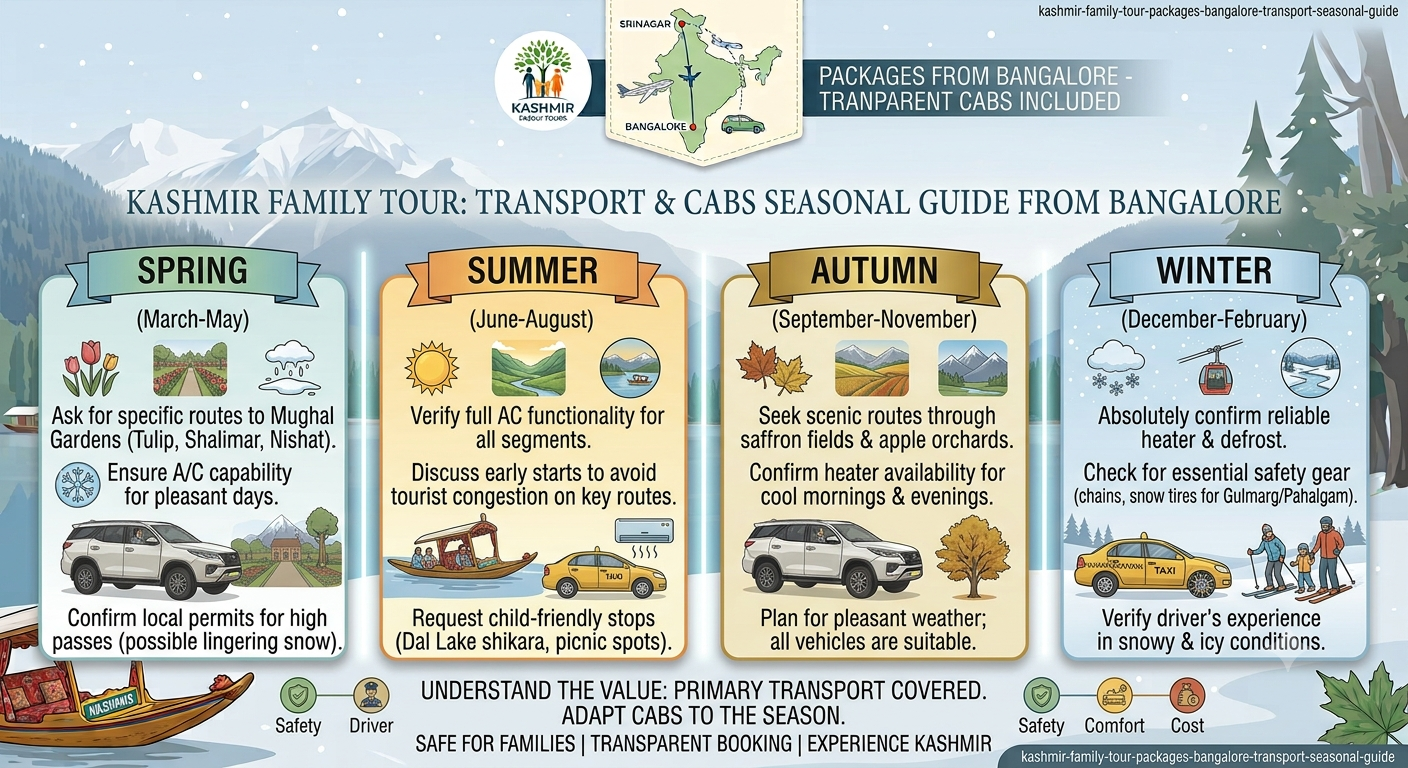 Seasonal guide infographic showing best months for Kashmir family tour packages from Bangalore with transport by Nature Connect Travels