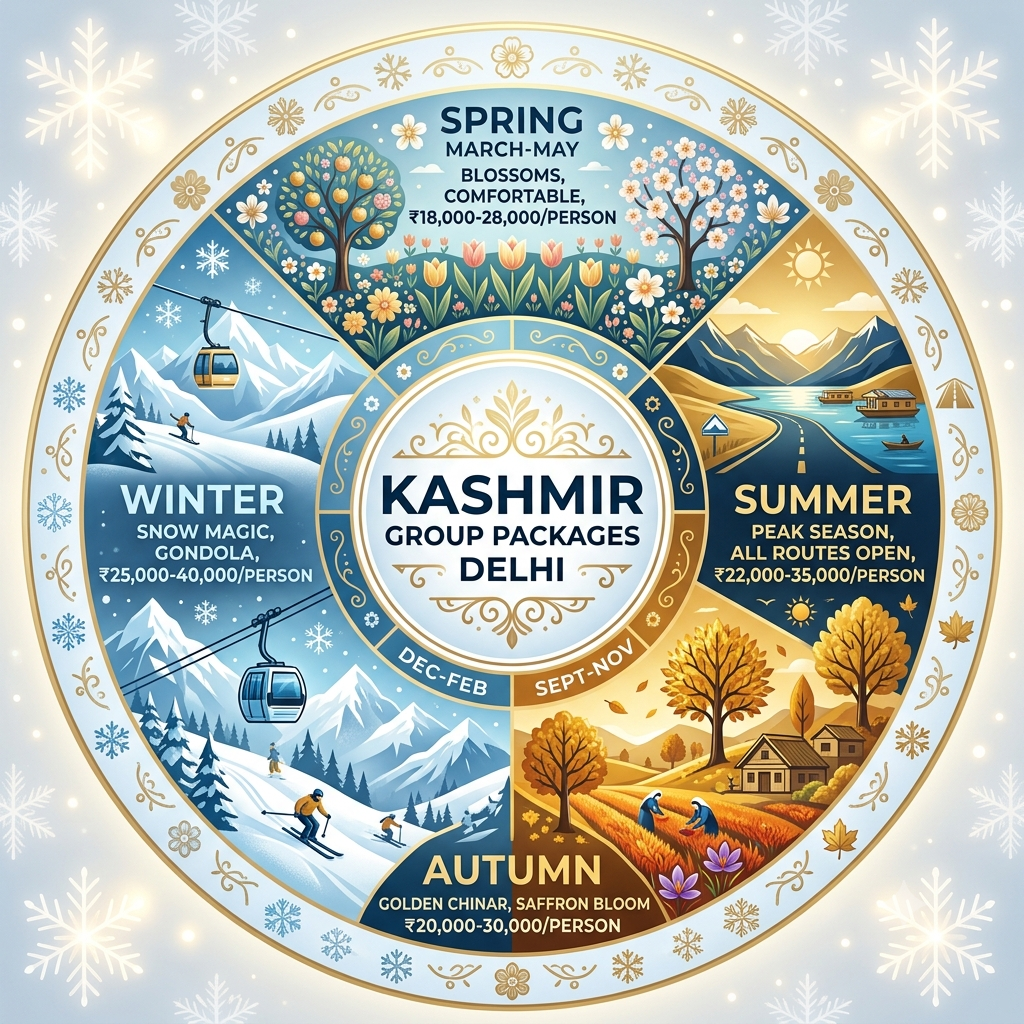 Seasonal guide infographic showing best months for Kashmir group packages from Delhi by Nature Connect Travels