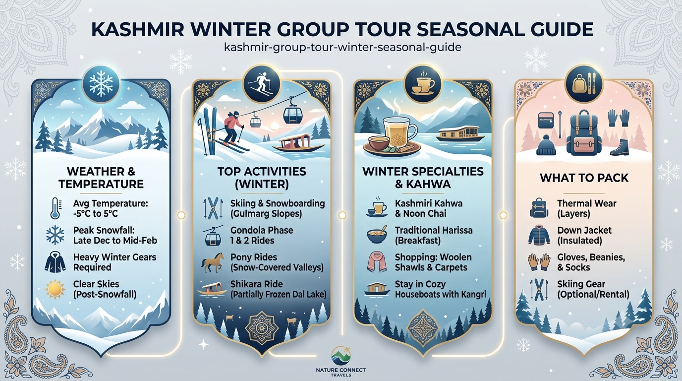 Kashmir Group Tour Winter Packages 2026 | Nature Connect ₹15K+ 11 Seasonal guide infographic showing best months for Kashmir group tour winter packages by Nature Connect Travels