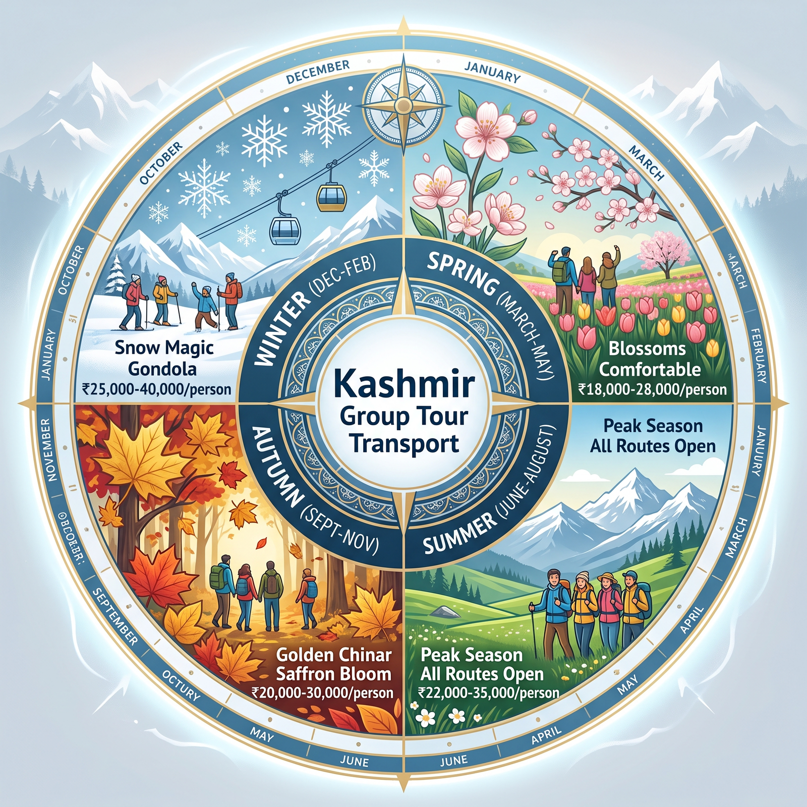 Seasonal guide infographic showing best months for Kashmir group tour with transport by Nature Connect Travels