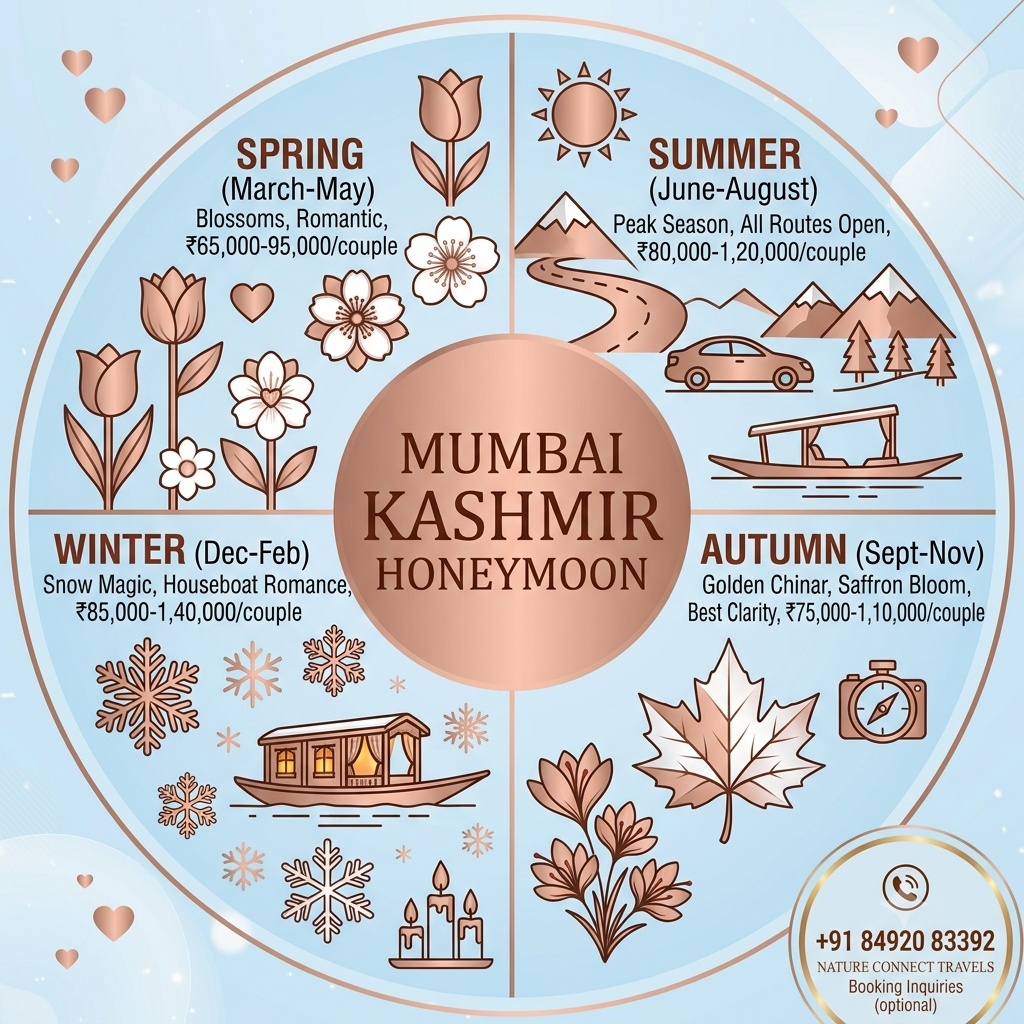 Seasonal guide infographic showing best months for Kashmir honeymoon package from Mumbai by Nature Connect Travels