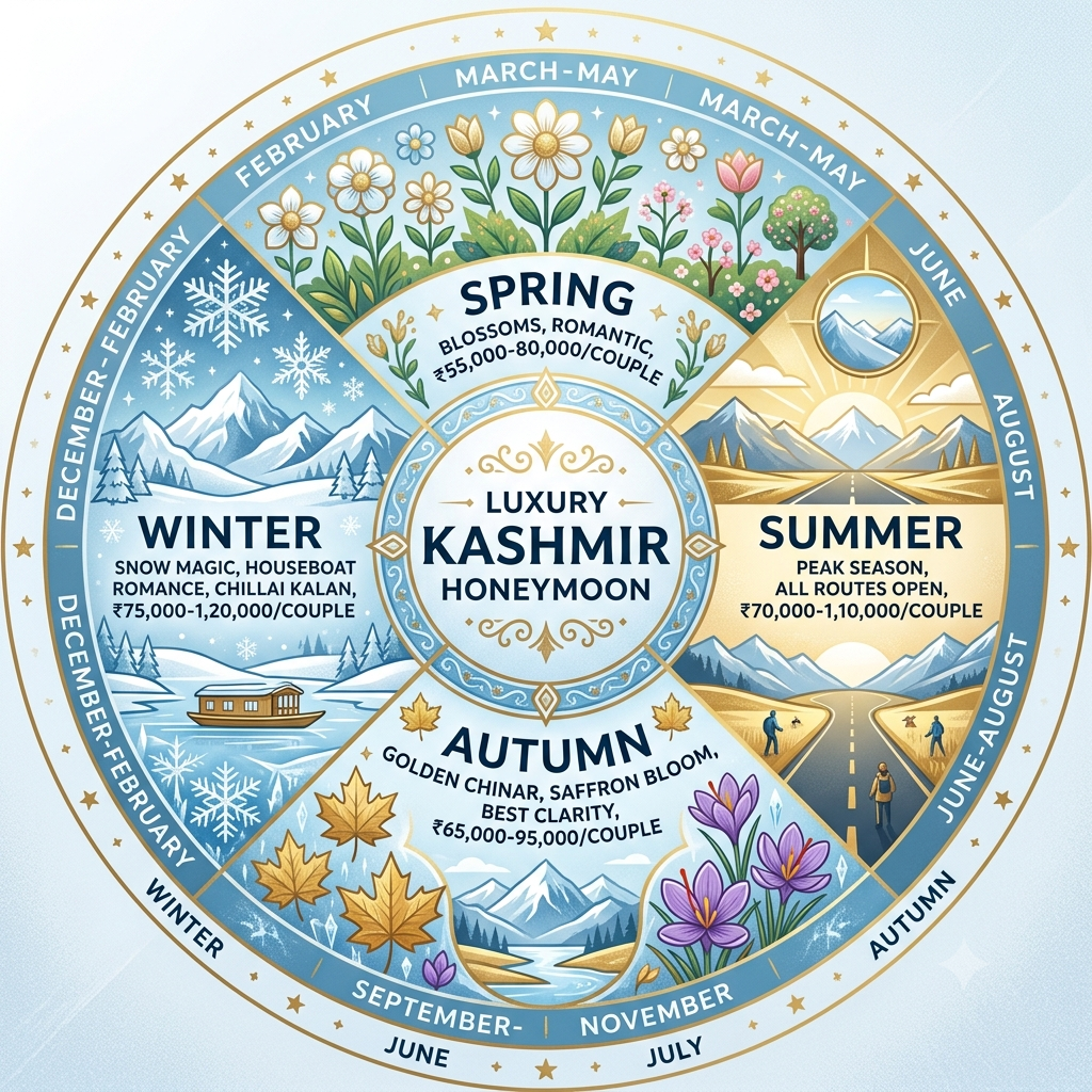 Seasonal guide infographic showing best months for Kashmir luxury honeymoon tour by Nature Connect Travels