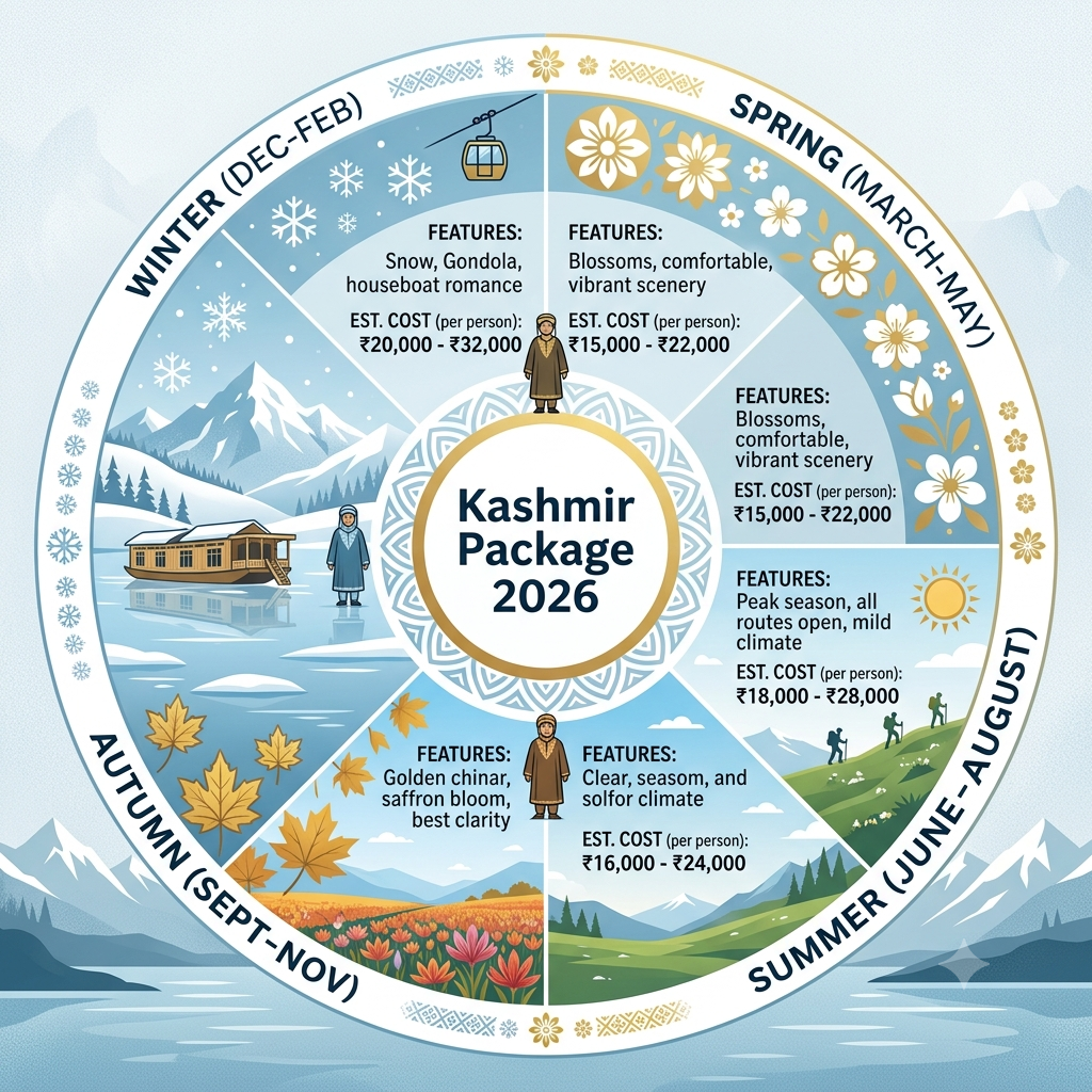 Seasonal guide infographic showing best months for Kashmir package 2026 by Nature Connect Travels