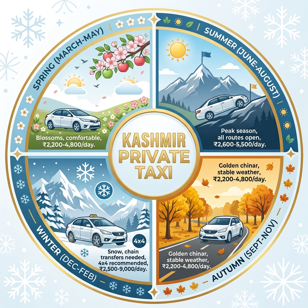 Kashmir Private Taxi with Driver Package 2026 | ₹2,500+ Nature Connect Travels 11 Seasonal guide infographic showing best months for Kashmir private taxi with driver package by Nature Connect Travels