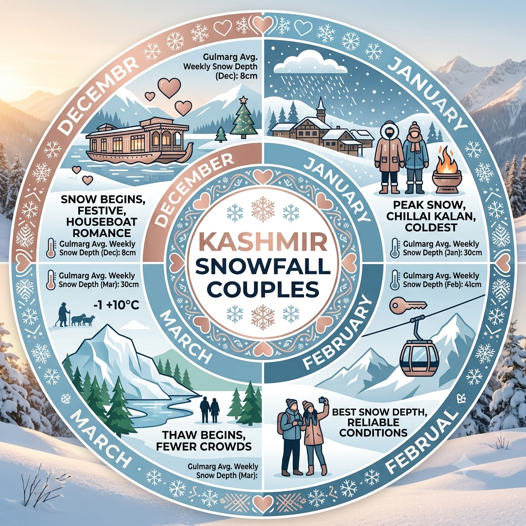 Kashmir Snowfall Packages for Couples 2026 | ₹12,199+ 9 Seasonal guide infographic showing best months for Kashmir snowfall packages for couples