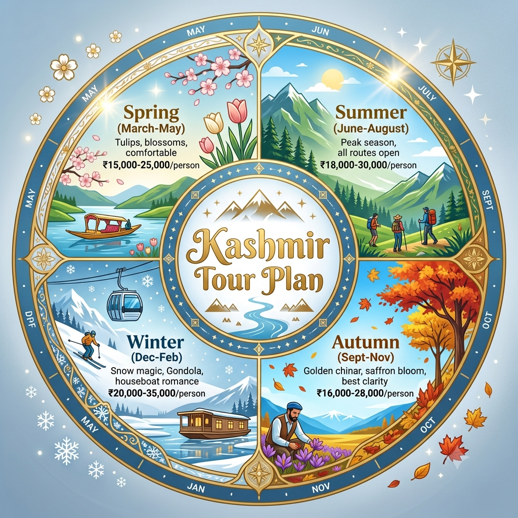 Seasonal guide infographic showing best months for Kashmir tour plan by Nature Connect Travels