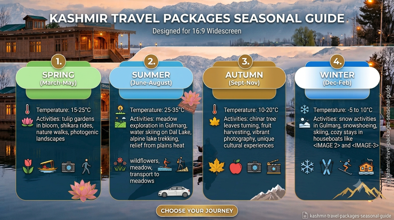 Seasonal guide infographic showing best months for Kashmir travel packages by Nature Connect Travels