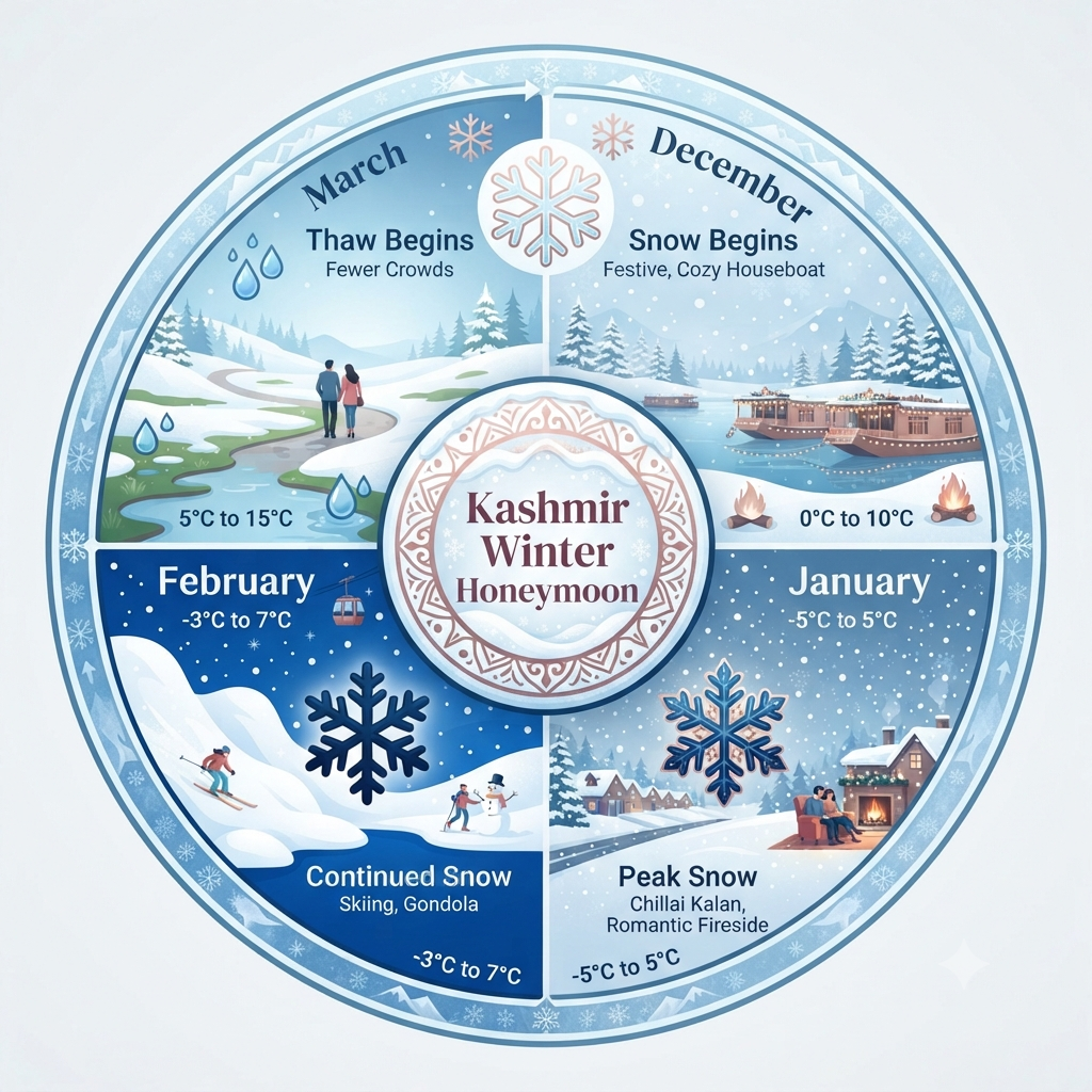 Seasonal guide infographic showing best months for Kashmir winter honeymoon with houseboat