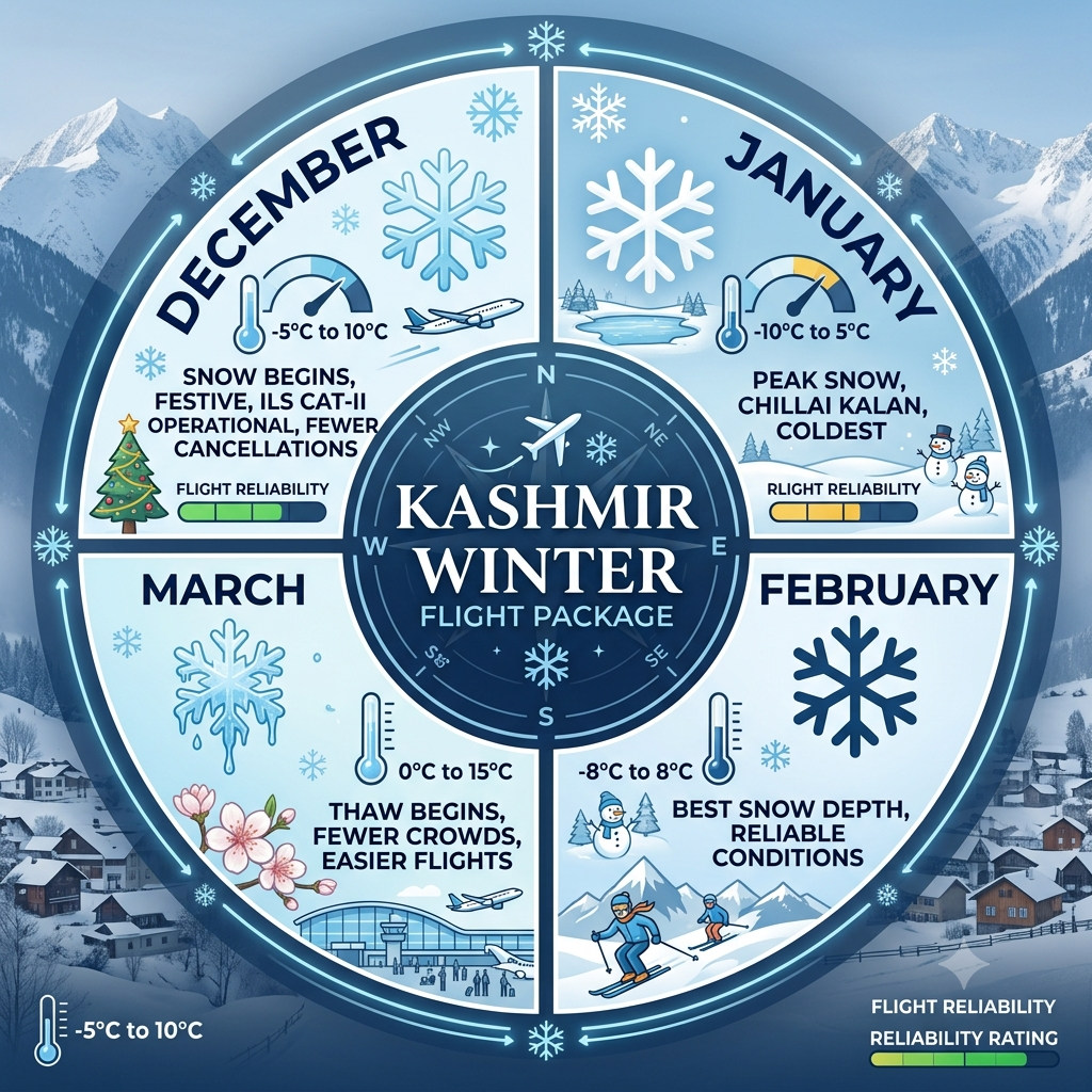 Kashmir Winter Package with Flight 2026 | ₹29,400+ All-Inc 11 Seasonal guide infographic showing best months for Kashmir winter package with flight